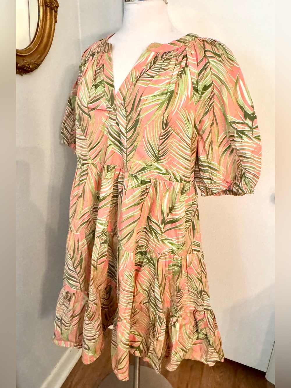 crown & ivy Coral and Green Palm-Print Peasant Dress NWT Summer Cotton